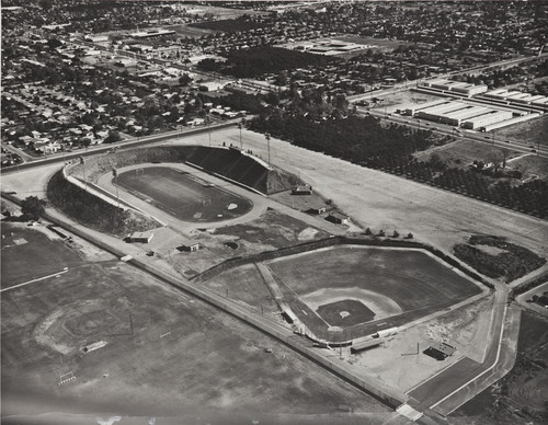 Aerial view, Citrus College stadium and baseball field, 1966