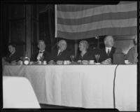 Governor Frank Merriam, Former President Herbert Hoover, and Lou Henry Hoover enjoy dinner with the Iowa Association of Southern California, Los Angeles, 1935