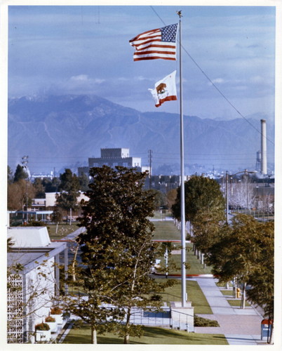 An aerial photograph of Commerce City Hall facing North