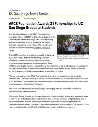 ARCS Foundation Awards 31 Fellowships to UC San Diego Graduate Students