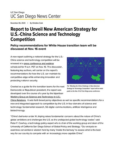 Report to Unveil New American Strategy for U.S.-China Science and Technology Competition