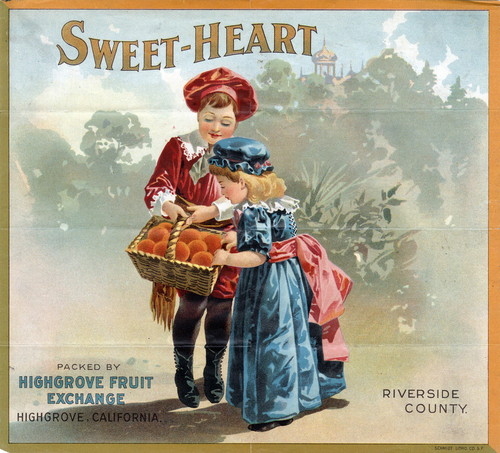 Crate label, "Sweet-Heart." Packed by Highgrove Fruit Exchange. Highgrove, Riverside Co., Calif