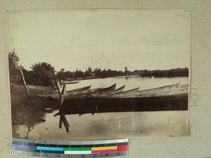 Canoes on the river side, east coast, Madagascar, ca.1890