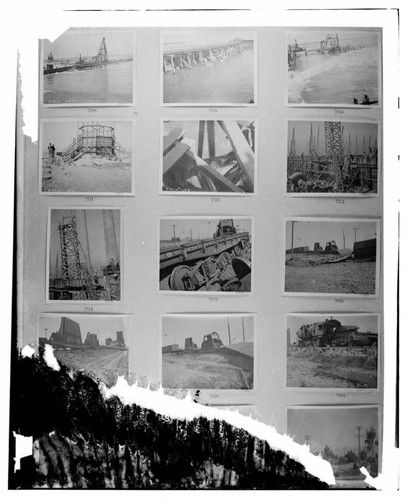 This is a multi-image negative that depicts construction at Long Beach Steam Plant and SPLA&SL train wreck near plant. Undamaged images included on the plate are copies of original negatives: 02 - 00788; 02