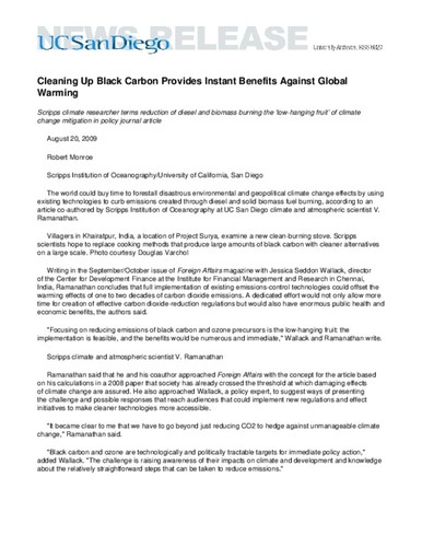 Cleaning Up Black Carbon Provides Instant Benefits Against Global Warming--Scripps climate researcher terms reduction of diesel and biomass burning the ‘low-hanging fruit’ of climate change mitigation in policy journal article