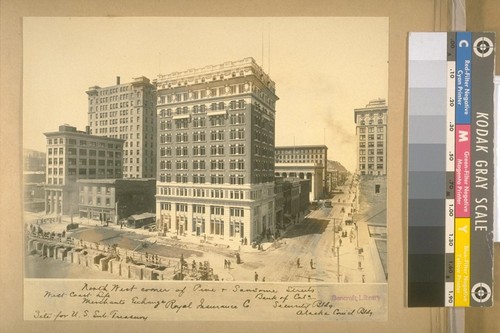 North West corner of Pine and Sansome Streets. West Coast Life, Bank of Cala [California], Merchants Exchange, Royal Insurance Co., Security Bldg. [building], Site for U. S. Sub. [?] Treasury, Alaska Council Bldg