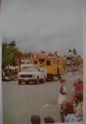 Restored Petaluma & Santa Rosa Railway boxcar in the Apple Blossom Parade, Sebastopol April 15, 2000