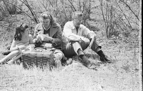 Marston Cleaves Sargent and Grace Tompkins Sargent and their adopted daughter Jean Anne on a picnic. Marston Cleaves Sargent worked at Scripps Institution of Oceanography as an oceanographer and inventor his major work included the development of the Bathythermograph Data Reduction System, which was a device for the rapid digitization of records compiled by a bathythermograph. This device made it easy for researchers to quickly record large quantities of data on ocean conditions. He also published papers on the process of photosynthesis and growth of several kinds of freshwater and marine algae, growth of coral, and the distribution of phytoplankton. Circa 1947