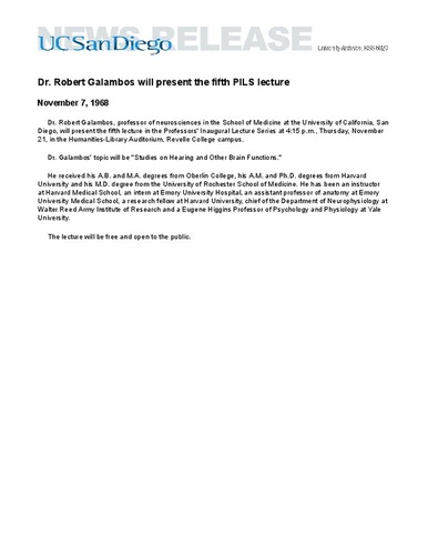 Dr. Robert Galambos will present the fifth PILS lecture
