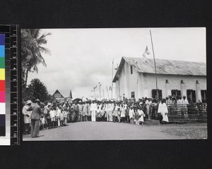 Group portrait outside church, Shagamu, Nigeria, Wesley Day, 1939
