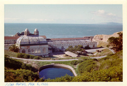 [Exterior of Sutro Baths overlooking the ocean]