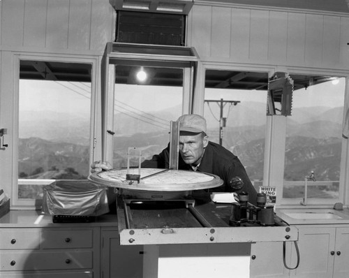 Floyd Hagaman, California Forestry State Division, at an Orange County fire lookout tower, 1954