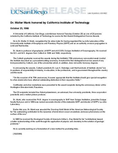 Dr. Walter Munk honored by California Institute of Technology