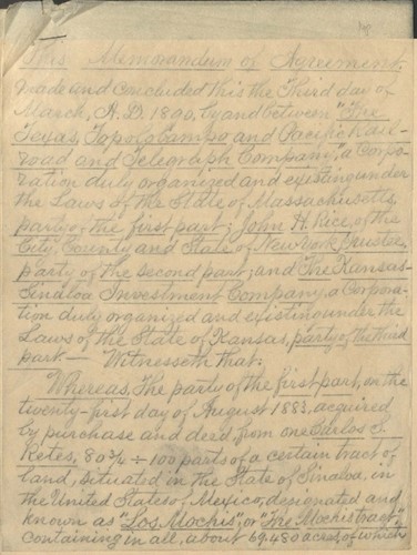 Texas, Topolobampo and Pacific Railroad and Telegraph Company - Memorandum of Agreement with John H. Rice and the Kansas-Sinaloa Investment Company