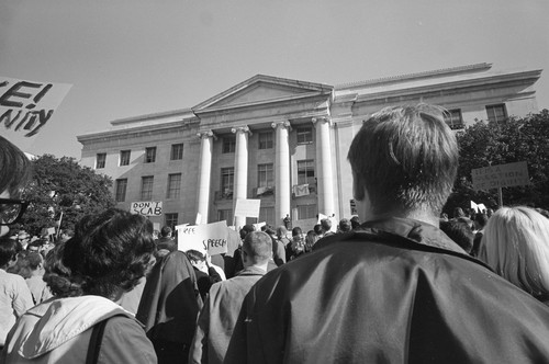 Rally in Sproul Plaza with Sproul Hall in background