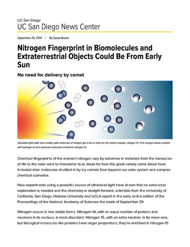 Nitrogen Fingerprint in Biomolecules and Extraterrestrial Objects Could Be From Early Sun