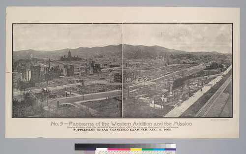 No. 5--Panorama of the Western Addition and the Mission. Showing the ruins of the City Hall and St. Ignatius College, with Twin Peaks and Strawberry Hill in the distance. Supplement to San Francisco Examiner, Aug. 5, 1906