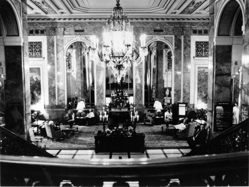 [Publicity photo of the lobby of the Sir Francis Drake Hotel]