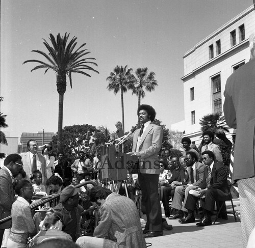 Reverend Jessie Jackson at podium, Los Angeles, 1977