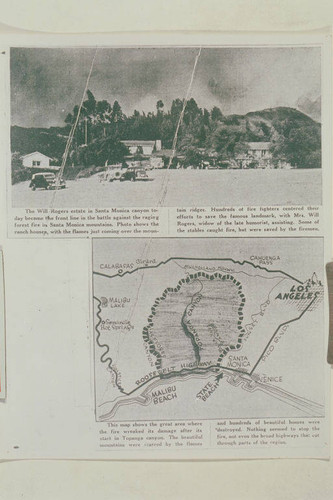 Will Rogers ranch house during the fires of 1938 in Rustic Canyon, Calif. (as published in a magazine article)