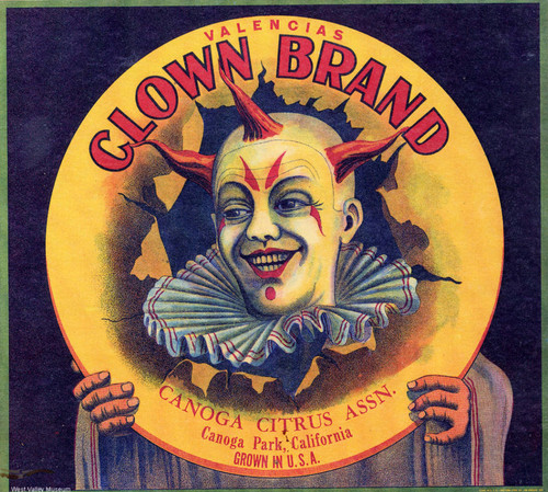 Clown Brand citrus crate label, circa 1940