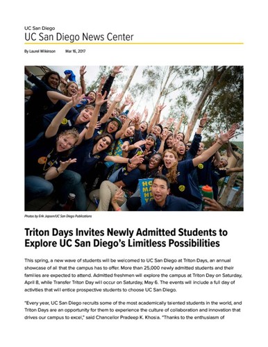 Triton Days Invites Newly Admitted Students to Explore UC San Diego’s Limitless Possibilities