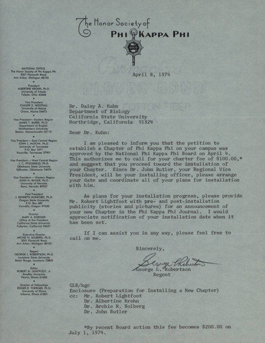 Letter authorizing charter of the California State University, Northridge (CSUN) Chapter of Phi Kappa Phi, April 8, 1974