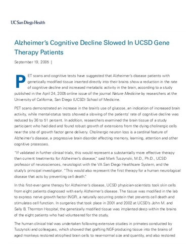 Alzheimer’s Cognitive Decline Slowed In UCSD Gene Therapy Patients