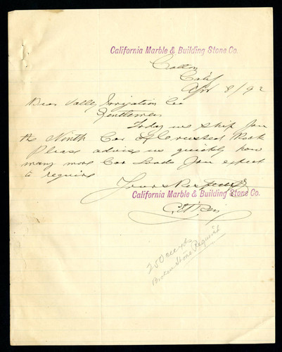 Letter to Jas T. Taylor from the California Marble & Building Stone Company, 1892-04-08