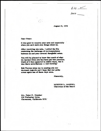 Letter of correspondence to Peter F. Drucker from Morton L. Mandel on exchanges