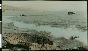San Diego Beach, showing surf on rocks, 1926