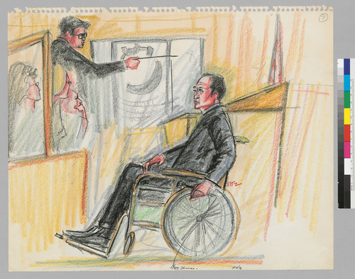 [recto]: 4/5/72 Gary Thomas (in wheelchair), District Attorney Albert Harris, Jr. [pointing to exhibit]; Partial Jury