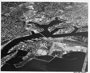 Aerial view of Los Angeles Harbor facing north, Terminal Island, San Pedro, Wilmington