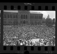UCLA's Royce Hall Quad filled with students as Zubin Mehta conducts peace music from Handel's "Messiah," 1970