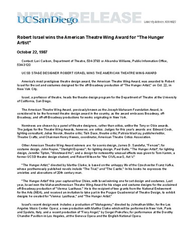 Robert Israel wins the American Theatre Wing Award for "The Hunger Artist"