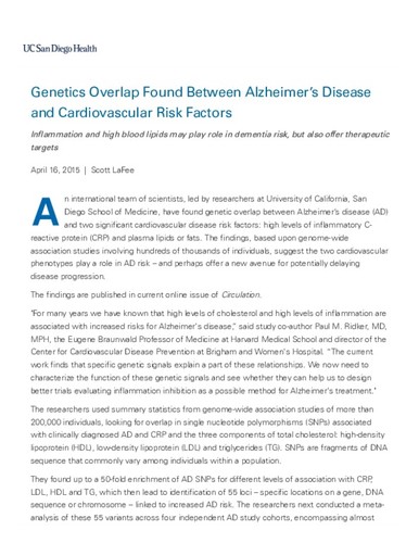 Genetics Overlap Found Between Alzheimer's Disease and Cardiovascular Risk Factors