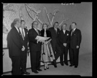 Richard A. Carrington Jr., David W. Hearst, Maurice Kantro, Grace Kelly, Philip Chandler, Virgil Pinkley, and Neil Petree, Beverly Hilton, Beverly Hills, 1955