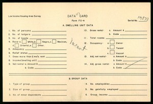 WPA Low income housing area survey data card 157, serial 19873, vacant