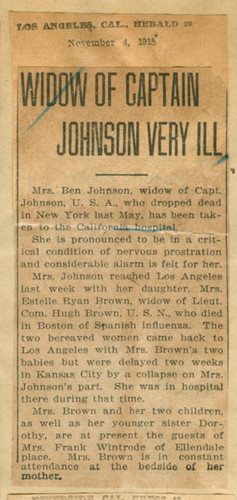 Widow of Captain Johnson very ill