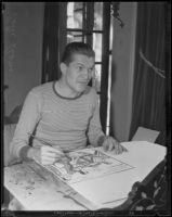 Peter Arno seated at a table illustrating a cartoon, 1927-1939