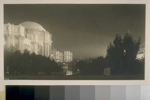 H258. [Rotunda and colonnade, Palace of Fine Arts (Bernard R. Maybeck, architect), illuminated.]