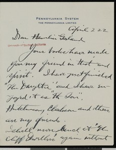 John Timothy Stone, letter, 1922-04-02, to Hamlin Garland