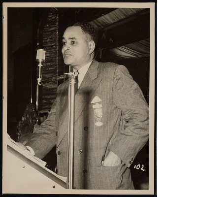 Ralph Bunche delivering speech at the Silver Jubilee and 7th Biennial Convention of the Brotherhood of Sleeping Car Porters