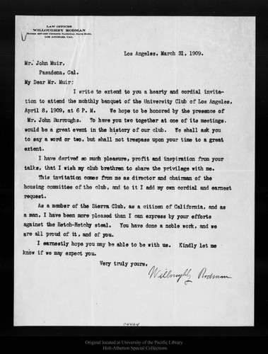 Letter from Willoughby Rodman to John Muir, 1909 Mar 31