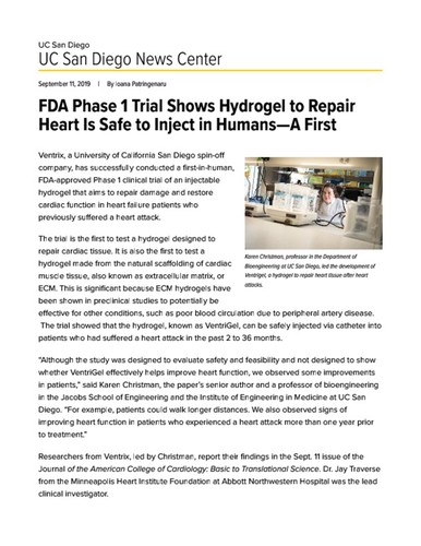 FDA Phase 1 Trial Shows Hydrogel to Repair Heart Is Safe to Inject in Humans—A First