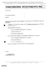 [Letter from Tokenhouse Investiments Inc to Charles Hadkinson regarding the Documentary Credit Application]
