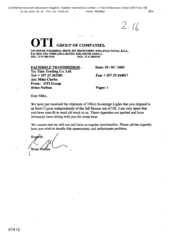[Letter from Brian Nathan to Mike Clarke regarding shipment of Sovereign Lights]