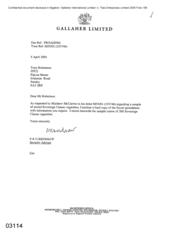 [Letter from PRG Redshaw to Tony Robertson regarding a sample of seized Sovereign Classic cigarettes]