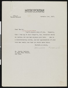 Theodore Roosevelt, letter, 1917-11-01, to Hamlin Garland