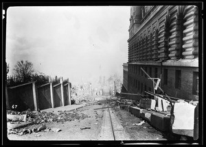 View of Sacramento Street from the Fairmont Hotel, showing earthquake damage, San Francisco